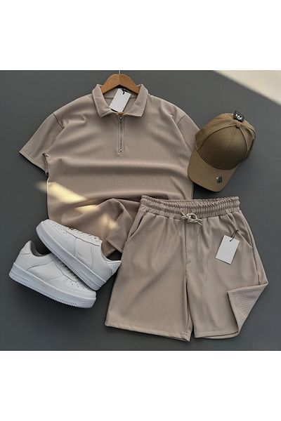 NewCabin Ribbed Ottoman Premium Fabric Half Zipper Unisex T-Shirt and Shorts Set of 2