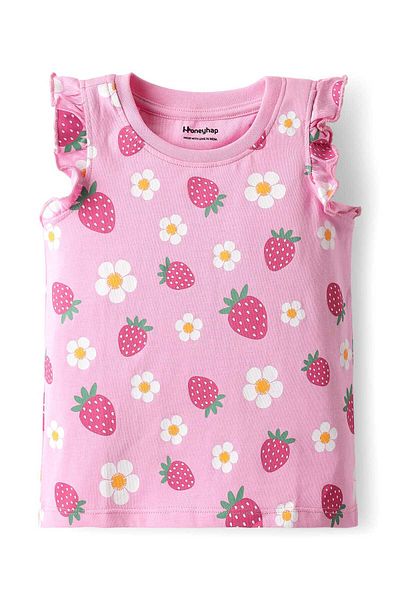 Honeyhap Premium 100% Cotton Frill Sleeves Co-ords Short Night Suit with Tropical Theme Print - Pink