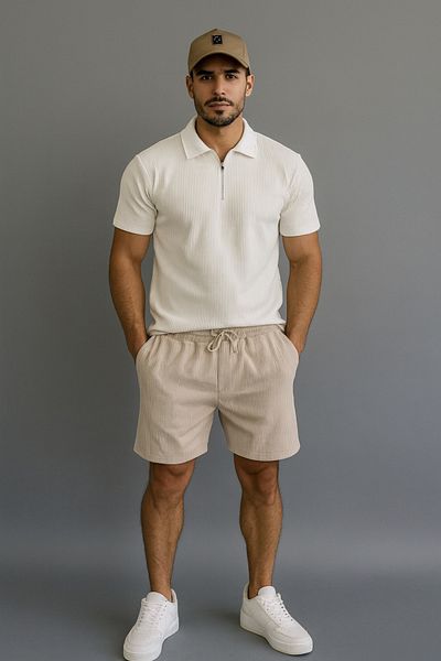 NewCabin Ribbed Ottoman Premium Fabric Half Zipper Unisex T-Shirt and Shorts Set of 2
