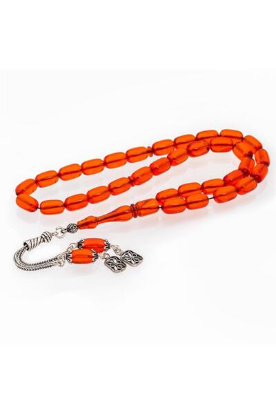 ALYANSEVİM 925 Sterling Silver Tasseled Orange Color Capsule Cut Amber Prayer Beads