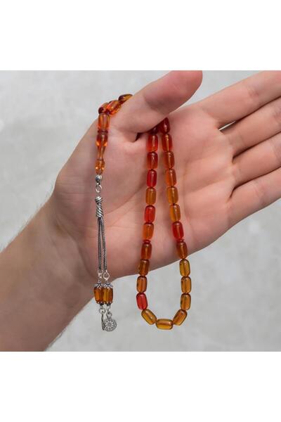 ALYANSEVİM 925 Sterling Silver Tasseled Capsule Cut Yellow Amber Prayer Beads