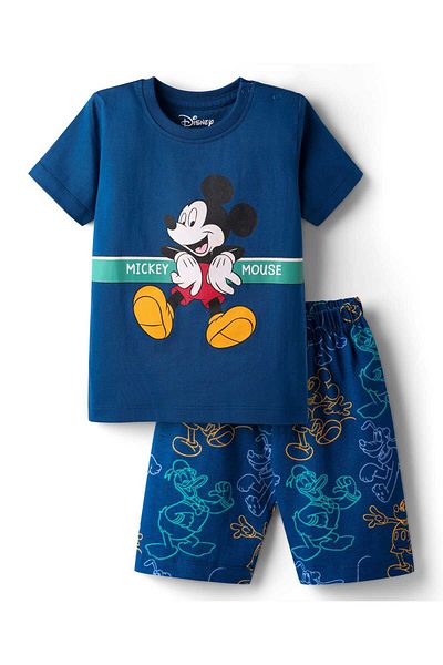 Babyhug Disney بدلة نوم قصيرة من الجيرسي مع رسومات ميكي ماوس - أزرق داكن