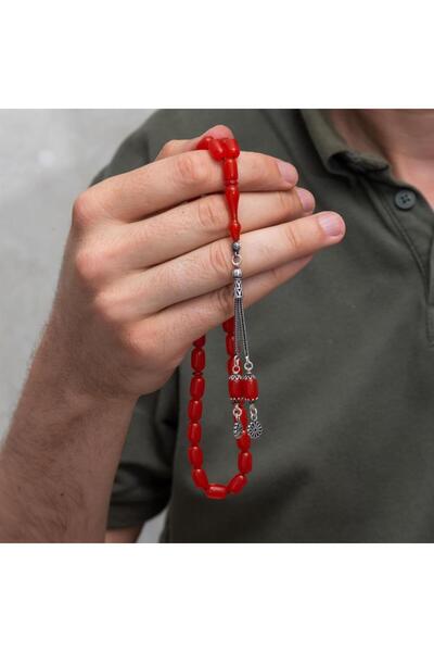 ALYANSEVİM 925 Sterling Silver Tasseled Orange Color Capsule Cut Amber Prayer Beads