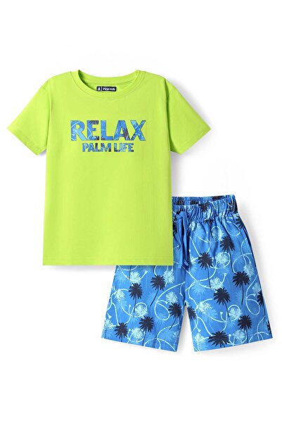 Pine kids بدلة نوم قصيرة بأكمام نصفية من قماش جيرسي محبوك بطبعة نخيل - أخضر ل...
