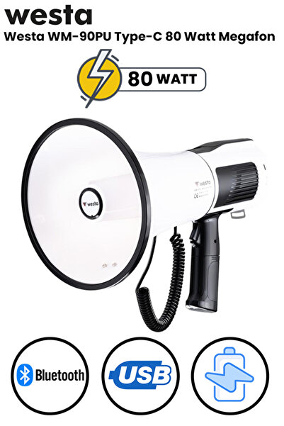 Larkin Westa WM-90PU USB'li Sirenli Şarjlı Bluetooth SD Card Megafon 80 Watt