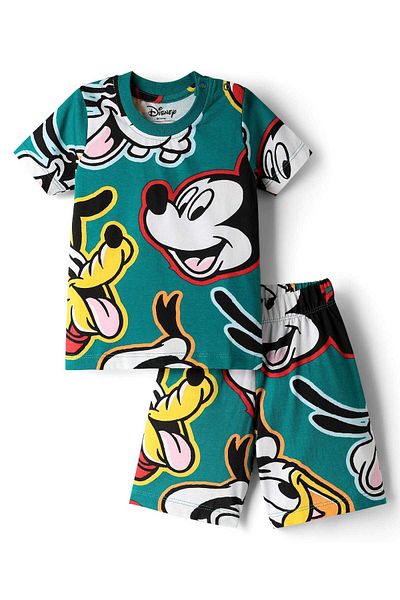 Babyhug Disney Shorts Set with Mickey & Friends Graphics - Green