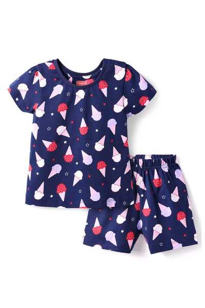 Babyhug Shorts Nightsuit With Ice Cream Print - Navy Blue