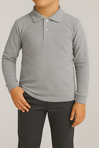 FATELLA Children's Gray Long Sleeve Lacoste Polo Neck School T-Shirt