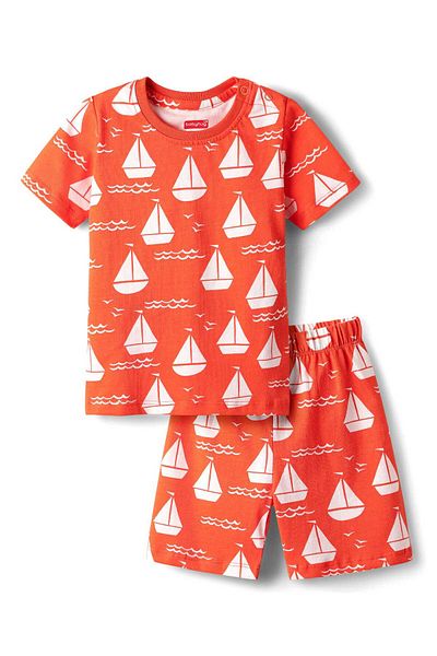 Babyhug Cotton Half Sleeves Shorts Night Suit With Boat Print - Orange