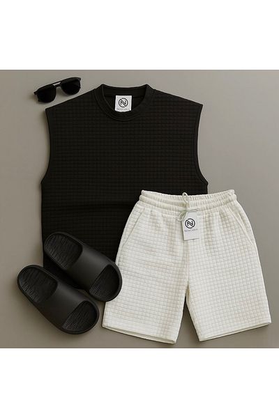 NewCabin New Season Men's Zero Sleeve Premium Quilted Textured Tshirt -Shorts Set of Two