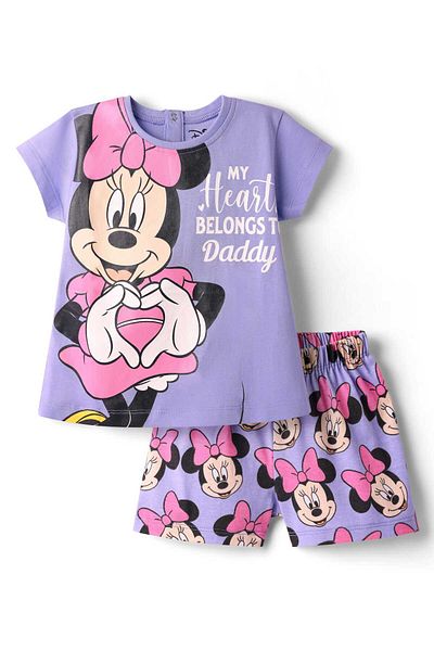 Babyhug Disney بدلة نوم قصيرة بأكمام نصفية من قماش جيرسي محبوك مع رسومات ميني ماوس - أرجواني
