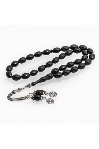 ALYANSEVİM Black Amber Prayer Beads with 925 Sterling Silver Tassels