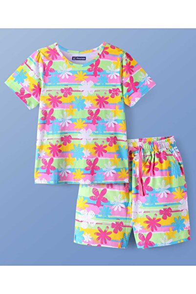 Pine kids بدلة نوم قصيرة بأكمام نصفية من قماش جيرسي محبوك بطبعة زهور - متعدد ...