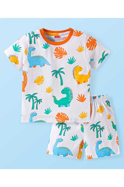 Babyhug Night Suit with Dino Print - White