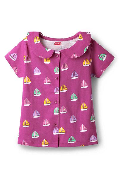 Babyhug Cotton Knit Half Sleeves Shirt and Shorts Set with Ship Print - Pink