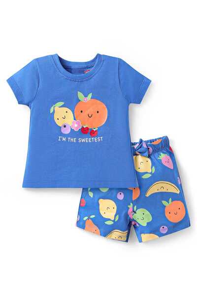 Babyhug Short Night Suit with Fruit Print - Blue