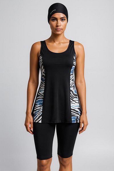 Ruko Maio Black Zebra Patterned 2 Piece Semi-Covered Swimsuit Set – Built-In Bustier 25159