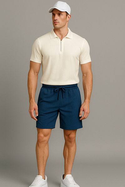 NewCabin Ribbed Ottoman Premium Fabric Half Zipper Unisex T-Shirt and Shorts Set of 2