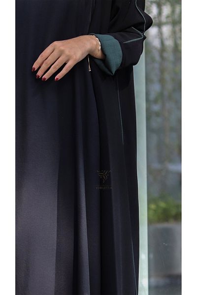 outline Black daily abaya with Arabian Nights fabric and olive green hem