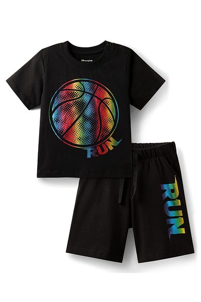 Honeyhap Night Suit With Bio Finish & Basketball Print - Black Beauty