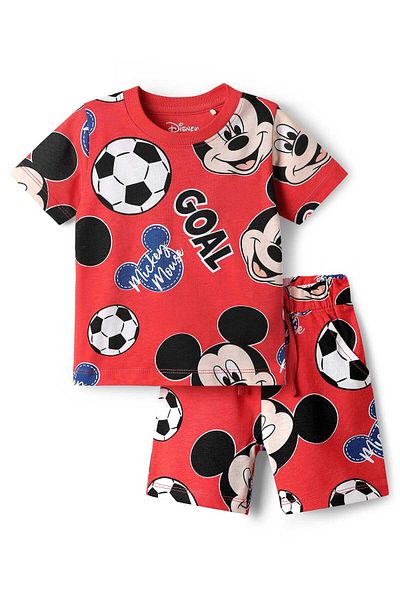 Babyhug Disney Single Jersey Co-ords Short Night Suit with Mickey Mouse Graphics - Red