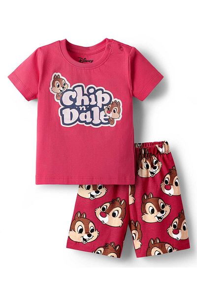 Babyhug Disney Single Jersey Knit Half Sleeves Shorts Night Suit With Chip N Dale Graphic - Pink