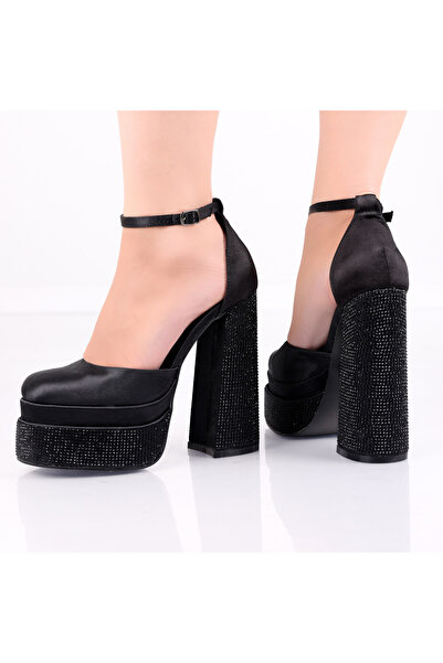 OEM Pantofi de damă negri din satin cu toc, Xavera, 39