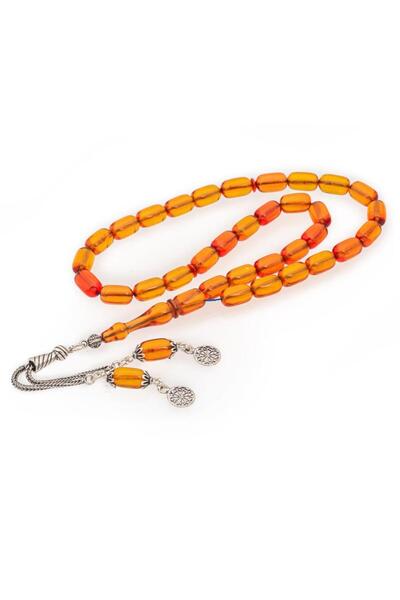 ALYANSEVİM 925 Sterling Silver Tasseled Capsule Cut Yellow Amber Prayer Beads