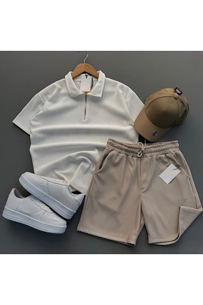 NewCabin Ribbed Ottoman Premium Fabric Half Zipper Unisex T-Shirt and Shorts Set of 2