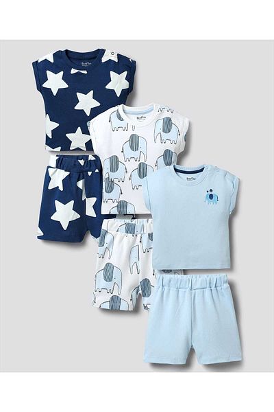 Bonfino Roll Up Sleeve T-shirt & Shorts Set with Elephant & Star Print (Pack Of 3) - Multicolor