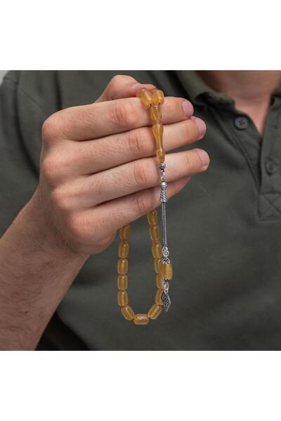 ALYANSEVİM 925 Sterling Silver Tassels Capsule Cut Light Yellow Amber Prayer Beads