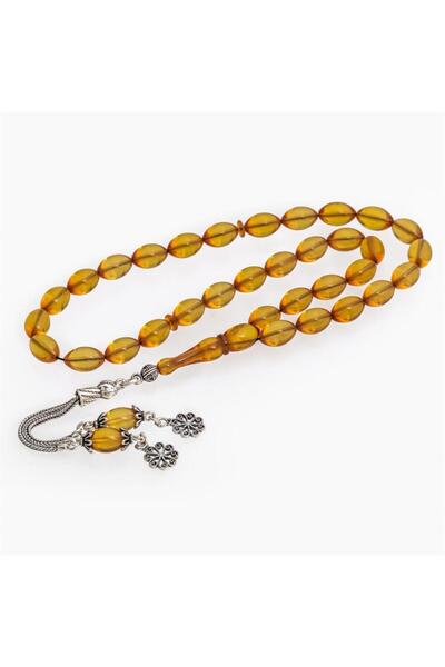 ALYANSEVİM 925 Sterling Silver Tasseled Light Yellow Amber Prayer Beads