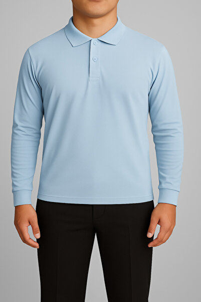 FATELLA Tricou unisex, albastru bebeluș, cu mânecă lungă, cu guler polo, Laco...