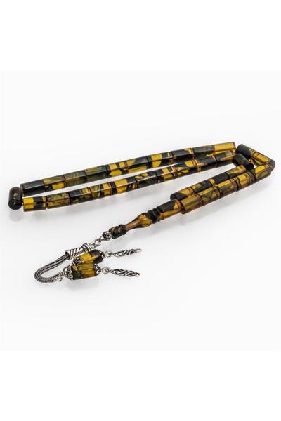 ALYANSEVİM 925 Sterling Silver Tasseled Cylinder Cut Yellow Black Amber Rosary