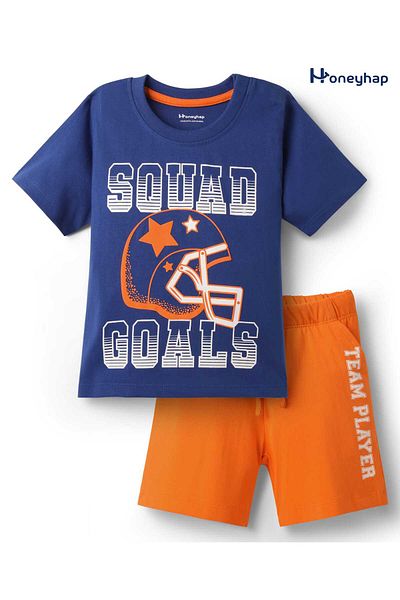 Honeyhap Shorts Night Suit With Bio Finish & Squad Goals Text Print - Navy & Orange