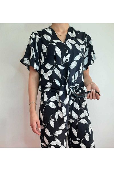 ŞIK VE MUTLU Tie-Up Tropical Patterned V-Neck Women's Shirt