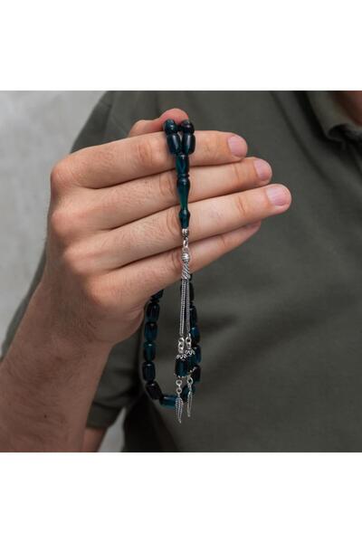ALYANSEVİM 925 Sterling Silver Tasseled Dark Blue Capsule Cut Amber Prayer Beads