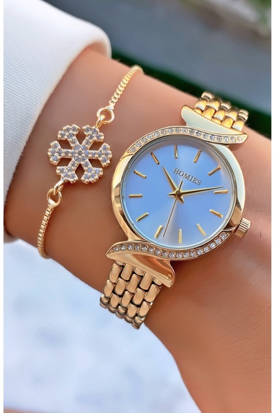 Homies ساعة يد نسائية مقاومة للماء باللون الذهبي - هدية سوار