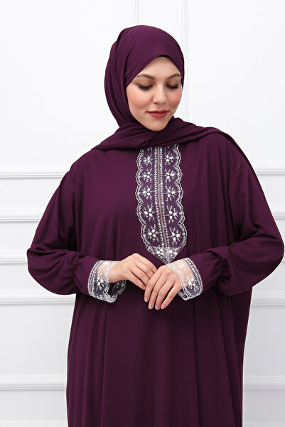 Defkay Tek parça başörtülü dantelli kadın namaz elbisesi