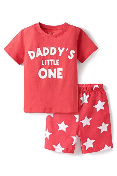 Babyhug Cotton Knit Half Sleeves Shorts Night Suit with Text & Stars Print - Red