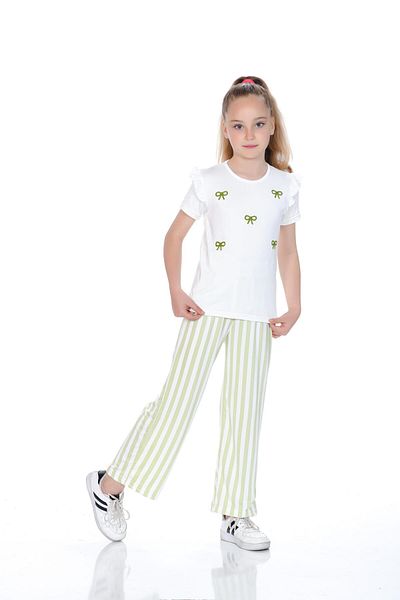 Kamex Girls' Suit with Bow Embroidered T-Shirt and Striped Milan Fabric Pants