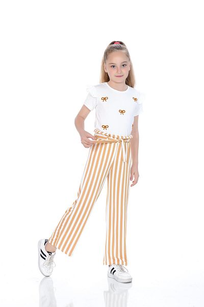 Kamex Girls' Suit with Bow Embroidered T-Shirt and Striped Milan Fabric Pants