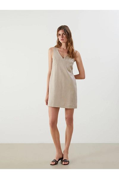 LC Waikiki Lcw Vision V-Neck 100% Linen Mini Dress (S5)