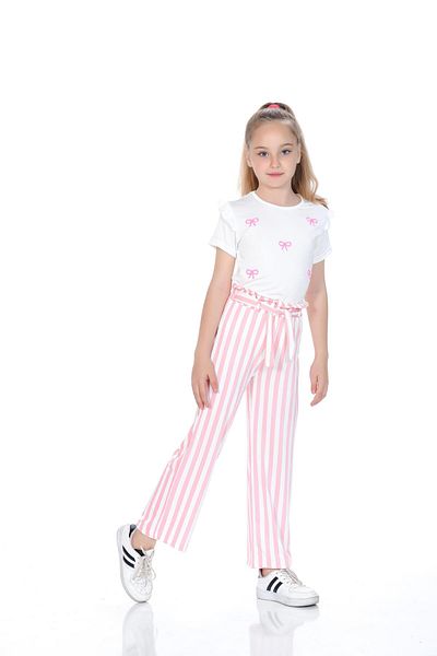 Kamex Girls' Suit with Bow Embroidered T-Shirt and Striped Milan Fabric Pants