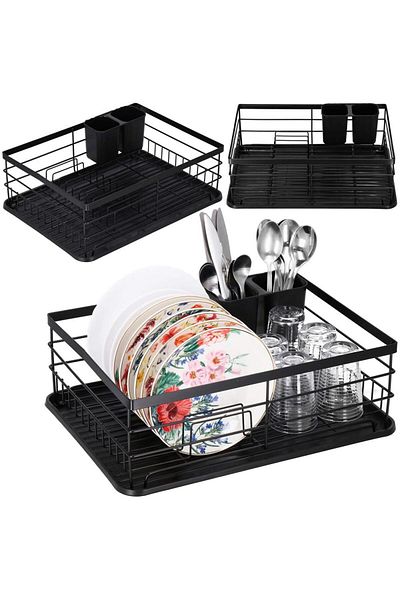 SERSIMO Uscator de vase cu suport tacamuri, din otel, cu tava de scurgere, 42x32x15cm, negru