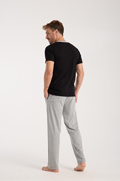 Akbeniz Ανδρικό σετ πιτζάμες με κοντό μανίκι με μαύρο γιακά