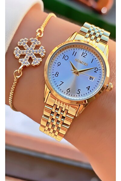 Homies طقم ساعة نسائية ذهبية اللون وسوار حجر ندفة الثلج - مع تقويم، مقاوم للم...