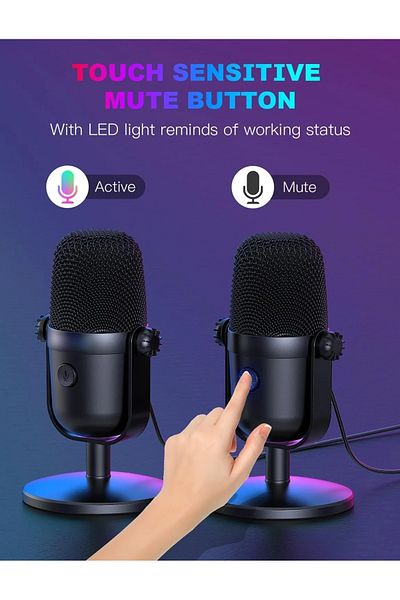 Generic ميكروفون ألعاب USB مع خاصية كتم الصوت وإلغاء الضوضاء - ميكروفون مكثف RGB للبث المباشر