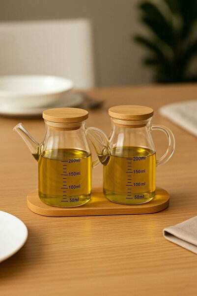 Bonjour Gift & Hobby Mini Yağdanlık ve Sosluk Seti, Bambu Stantlı ve Vakumlu Bambu Kapaklı, 2'li 200 Ml Salata Seti