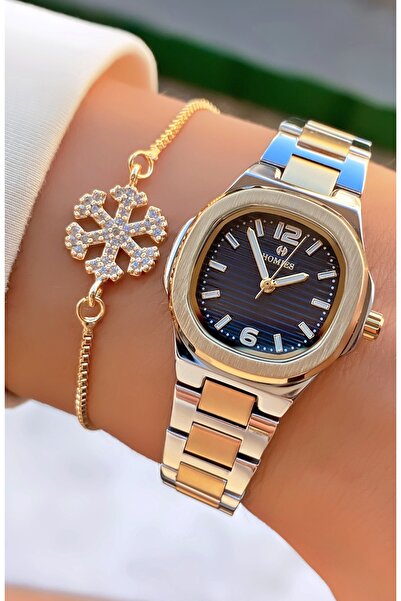 Homies Women's Wristwatch Heart Figured Stone Bracelet Set Black Dial, Waterproof, Gold Silver Steel Cord